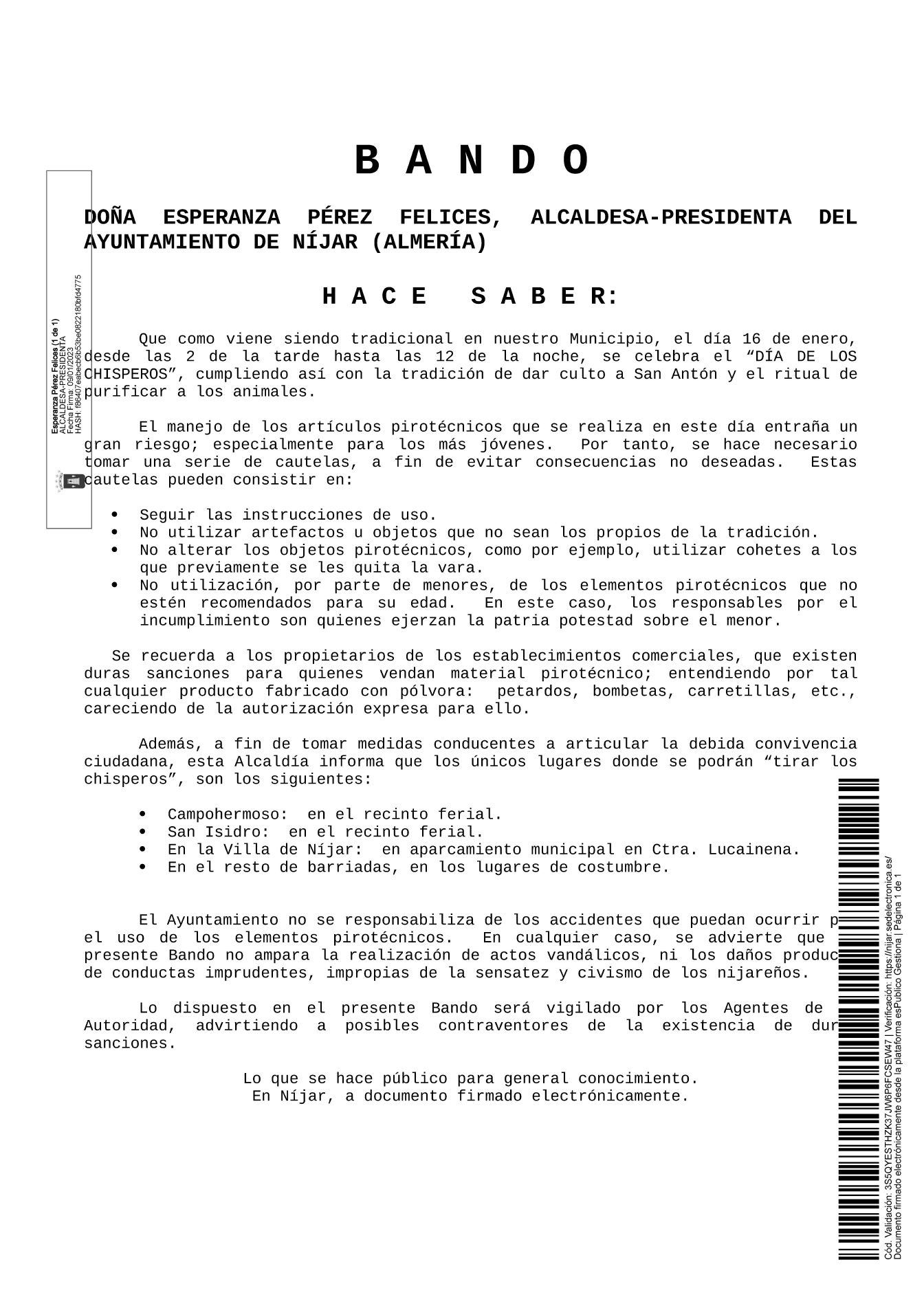 El Ayuntamiento de Níjar hace público un Bando en relación la celebración del Día de los Chisperos